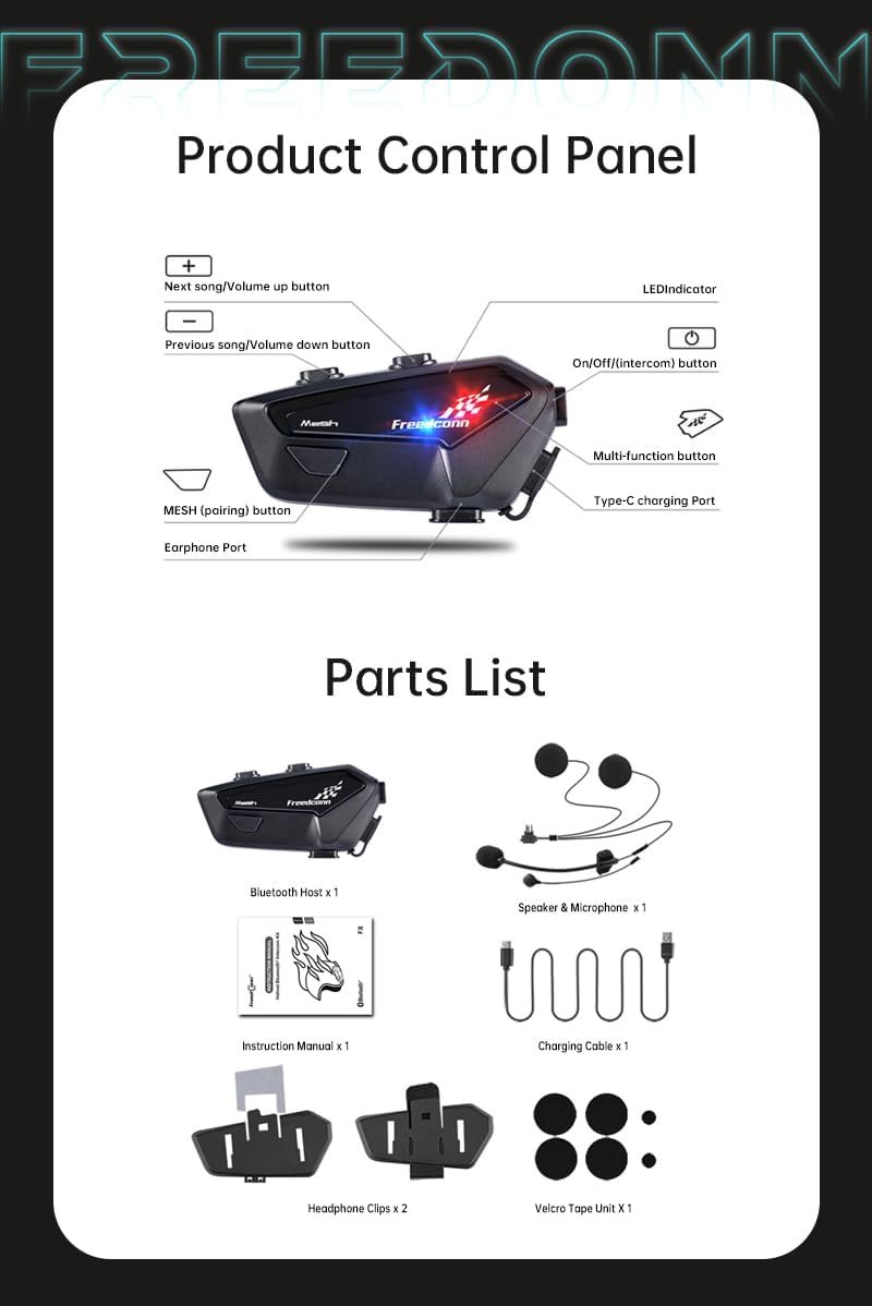 Manos libres freedconn FX pro para casco moto IP67 intercomunicador mesh 6 vías - Imagen 8